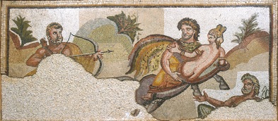 Roman Mosaic and Wall Painting Collection - Hercules and Deianeira, mosaic emblem. Site: Hercules Villa, on the lot of the Aquincum Military Town (Budapest, III. ker., Meggyfa u. 21.), 1958, Aquincum Museum